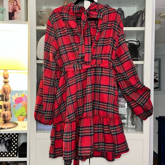 Plaid High Collar Belted Long Sleeved Dress Size XL - Picture 7 of 8